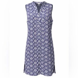 Nieves Lavi 100% Silk Tunic Dress Blue White Geometric Boho Shift Sleeveless- M